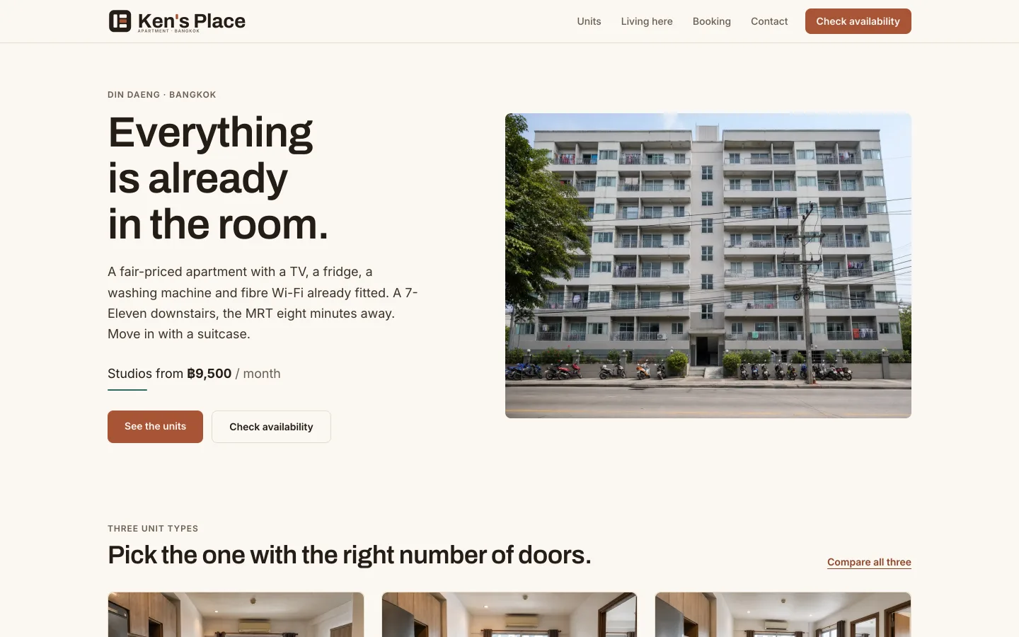 Ken's Place demo site — a Bangkok apartment rental homepage with unit types and rates